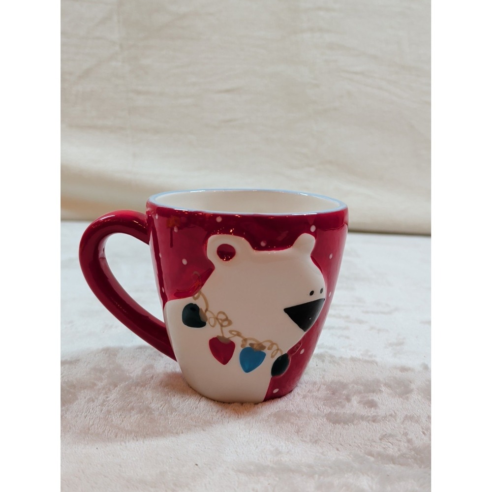 Oneida Polar Bear Coffee Mug Red Holiday Christmas Earthenware Heart Lights